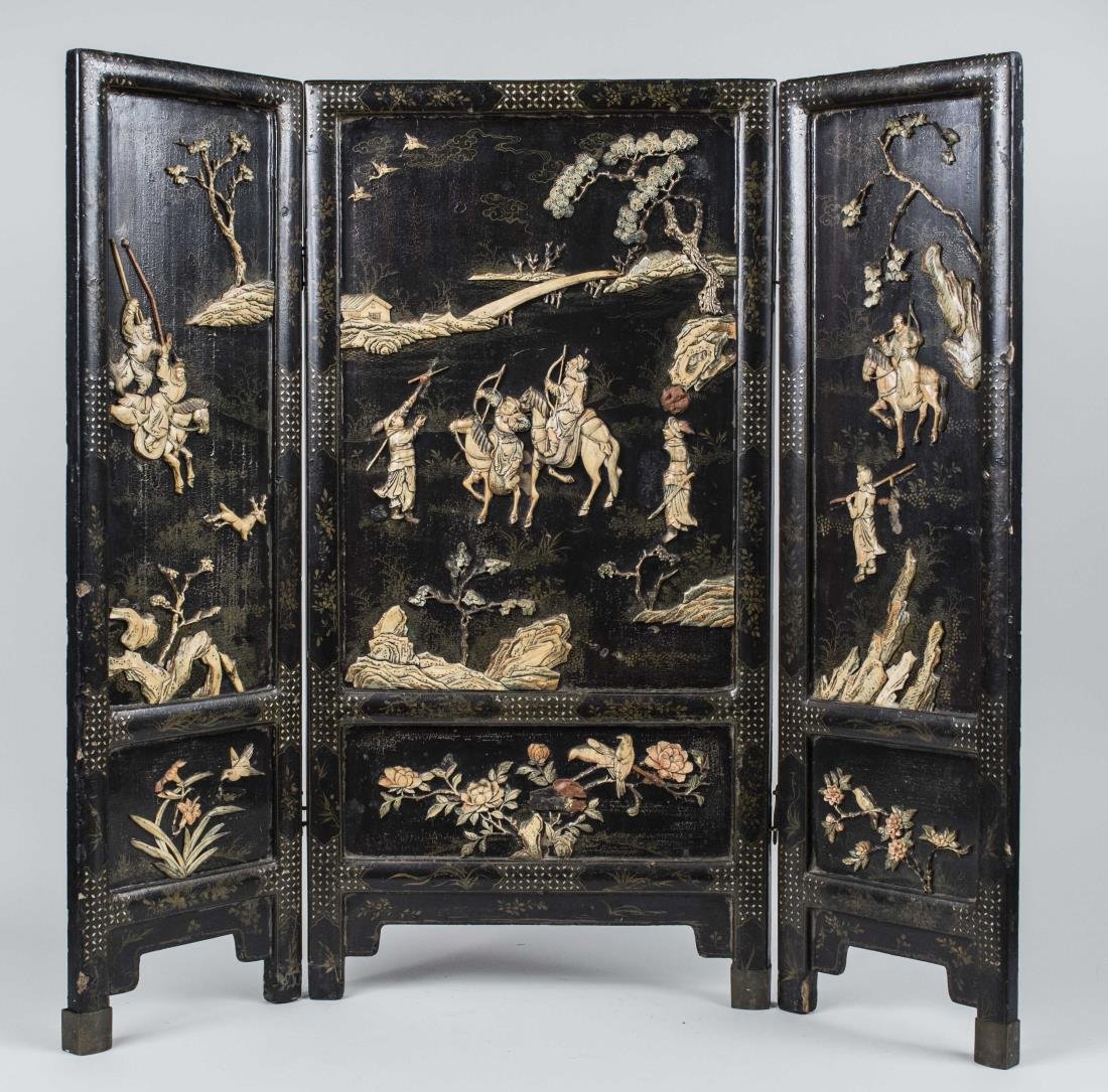 Three Panel Chinese Screen: With bone figural and inlaid decoration. Height 34 1/2 inches, center panel width 17 1/2 inches, side panel width 9 3/4 inches. Notice to bidders: Condition reports and additional photographs are prov
