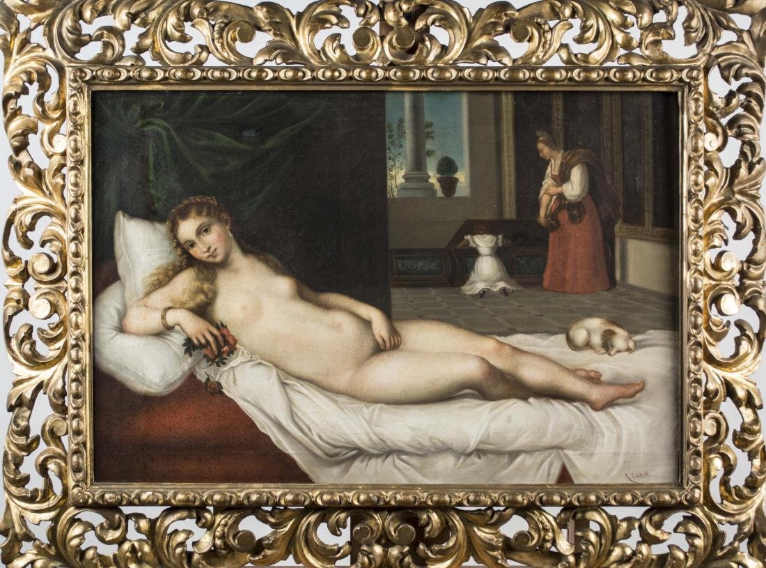 After Titian, 19th Century Copy Venus of Urbino: After Tiziano Vecelli, called Titian (Italian, ca. 1485-1576). Possibly painted by Alessandro Castelli (1809-1902). Venus of Urbino. Oil on canvas, 19th century. Signed 'A. Castelli' (LR). Canvas size