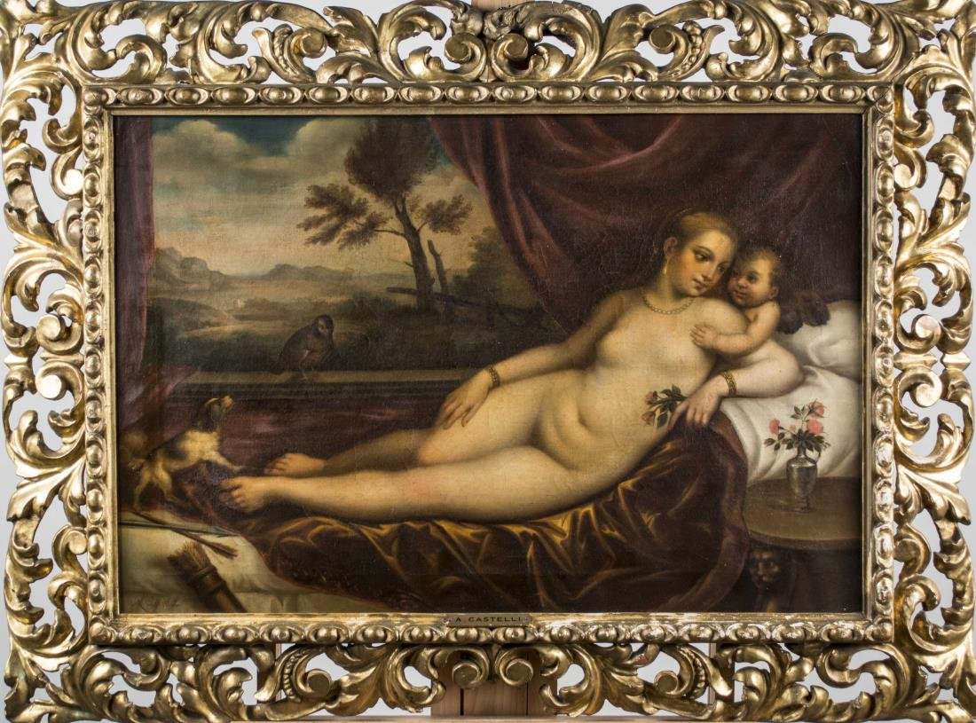 After Titian, 19th Century Copy Venus & Cupid: After Tiziano Vecelli, called Titian (Italian, ca. 1485-1576). Possibly painted by Alessandro Castelli (1809-1902). Venus and Cupid with a Partridge. Oil on canvas, 19th century. Name plate reads 'A. 