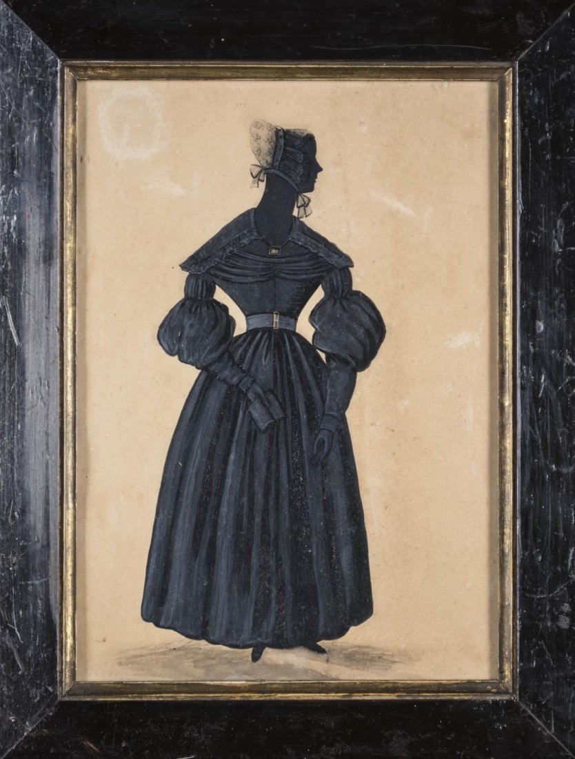 British School (19th Century) Silhouette: Full-portrait Silhouette of a Lady Holding a Book. Ink on paper, 19th century. Unsigned. Sight size 10 x 7 inches, frame size 13 x 9.5 inches. Framed. Notice to bidders: Condition reports and addition