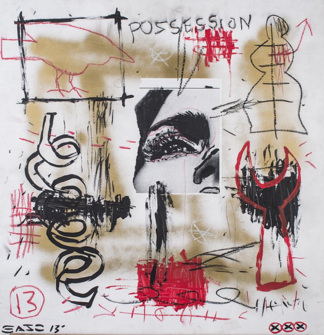Gary John (American, 20th/21st Century): Possession. Mixed media on board, 2013. Signed and dated (LL). Board size 25 1/2 x 24 inches. Unframed. Notice to bidders: Condition reports and additional photographs are provided by request as a cou
