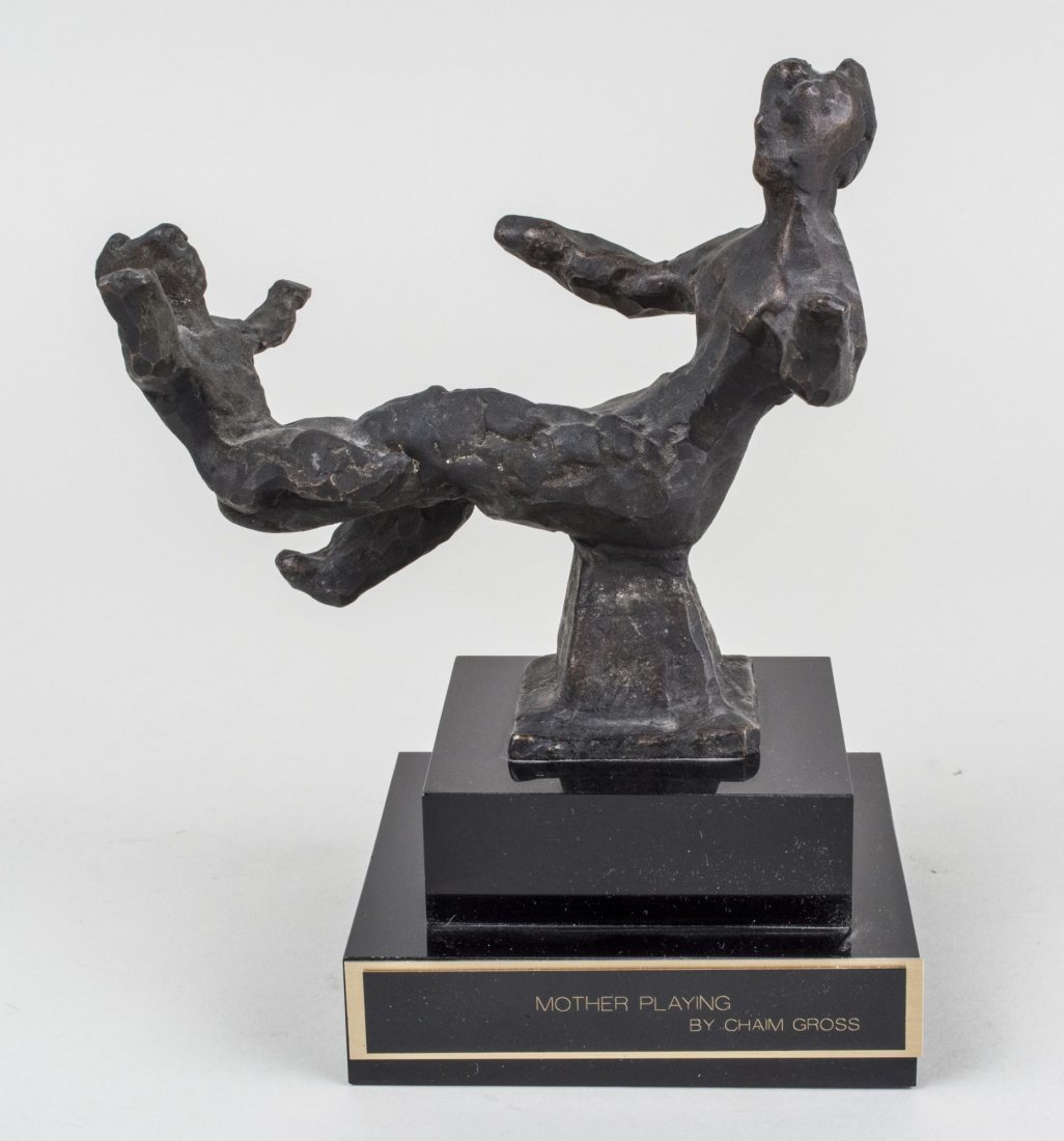 Chaim Gross, Mother Playing Bronze Sculpture: Chaim Gross (American, 1904-1991). Mother playing. Bronze. Signed. Height 5 inches, with base 7.5 inches. Notice to bidders: Condition reports and additional photographs are provided by request as a c