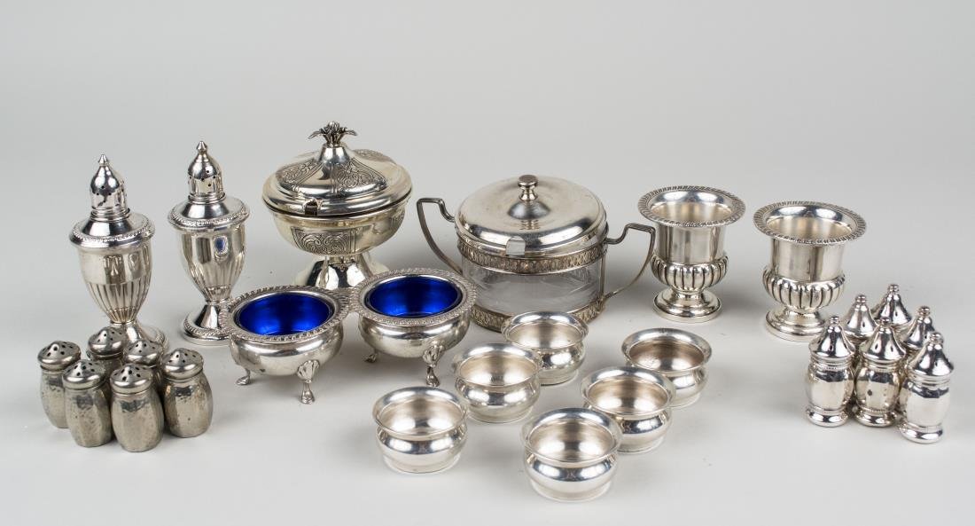 Group of Sterling Silver Articles: Including shakers, a pair of salts with cobalt glass liners, a covered dish, etc. Notice to bidders: Condition reports and additional photographs are provided by request as a courtesy to our clients,