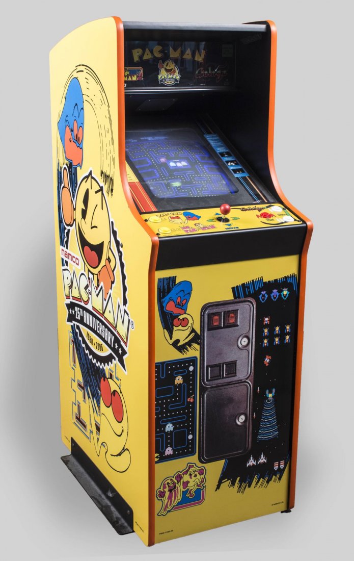 Namco Pac Man 25th Anniversary Arcade Cabinet: Serial number 25ANPGCAB1324, containing three games, Pac Man, Ms. Pac Man and Galaga, set for free play with no coin slot. Height 60 1/4 inches, width 24 1/4 inches, depth 33 inches. Notice to bidders