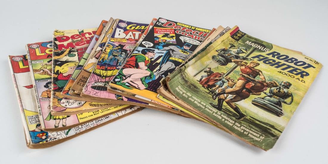 Group of Comic Books: Comprising twelve books including, Dennis the Menace, three Lois Lane Giant Annuals, two Action Comics, two Giant Batman Annuals, four Detective Comics, and a Magnus Robot Fighter 4000 AD. Notice to b