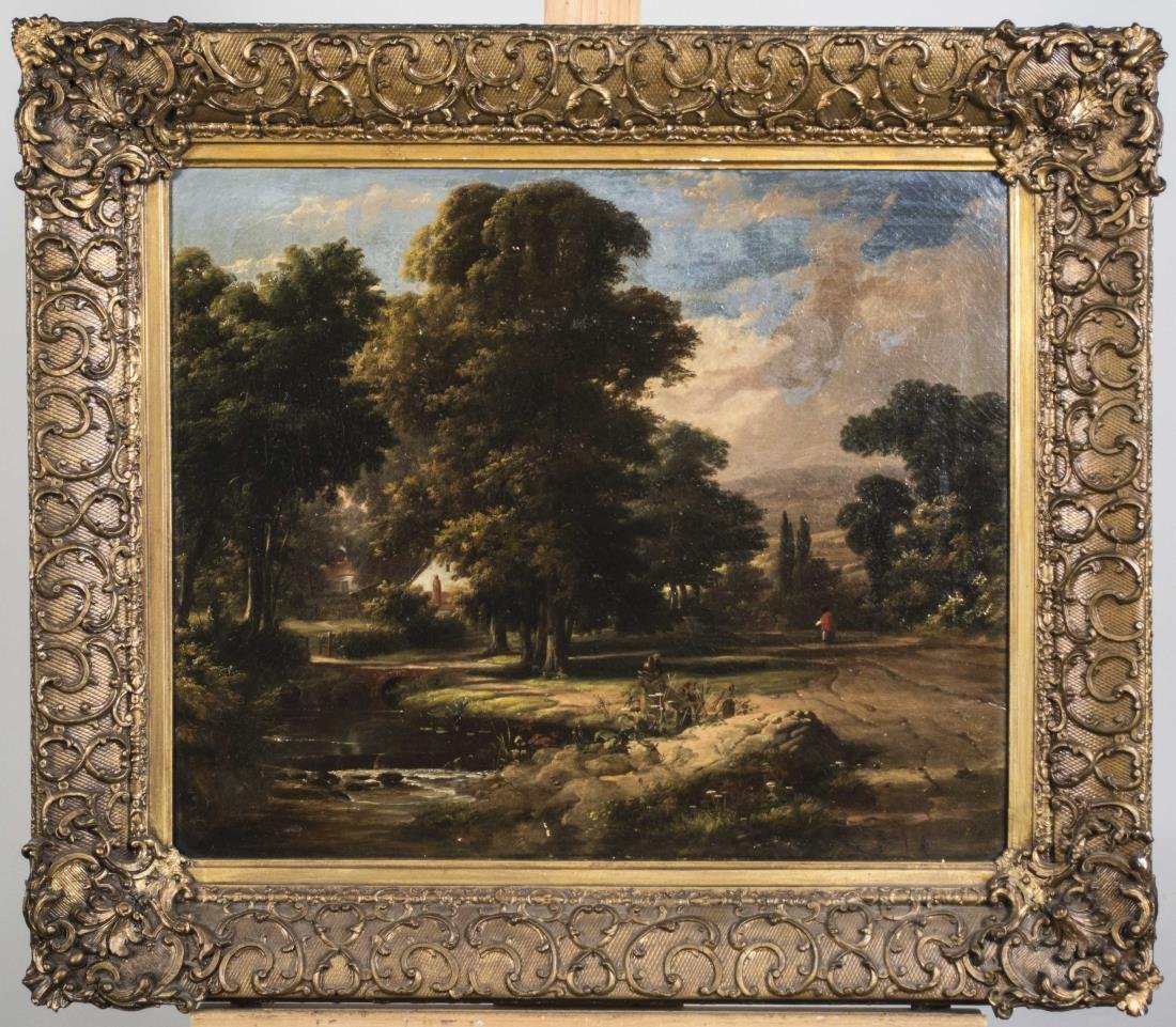 Continental School (18th/19th Century): Pastoral Landscape with Stream and Trees. Oil on canvas, 18th/19th century. Unsigned. Canvas size 20 x 24 inches. Framed. Notice to bidders: Condition reports and additional photographs are provided b
