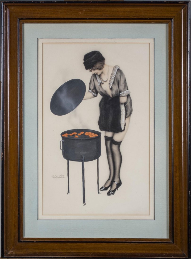 Raphael Kirchner (Austrian/American,1876-1917): Stirring the pot. Pastel and gouache on paper. Signed (LL). Sight size 15.8 x 9.8 inches. Matted and framed. Provenance: Private Collection, New York Notice to bidders: Condition reports and additiona