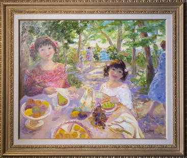 Elyane Addari (French, b. 1936): Two Girls Breakfasting in a Garden. Oil on Canvas. Signed E. Addari (LR). Canvas size 32 x 39 inches. Framed. Notice to bidders: Condition reports and additional photographs are provided by request as
