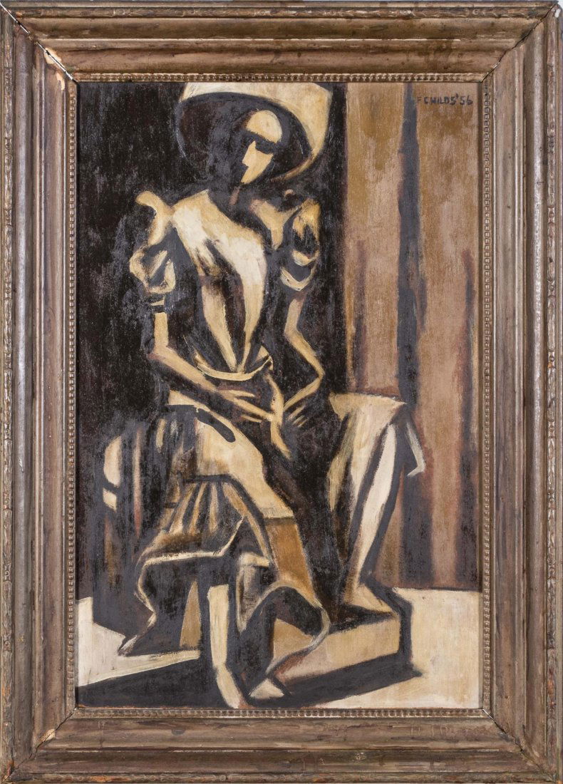 Frederick Childs (American, 20th Century): Girl in Big Hat. Oil on masonite, 1956. Signed and dated (UR). Gallery label on the verso. Board size 24 x 16 inches. Framed. Notice to bidders: Condition reports and additional photographs are provid