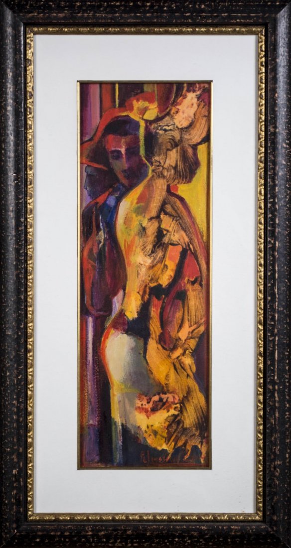 Ararat Petrossian (Armenian, 20th Century): Intrigue. Acrylic on paper, 2004. Signed and dated (LR). Sight size 19 x 6.5 inches. Matted and framed. Notice to bidders: Condition reports and additional photographs are provided by request as a cou