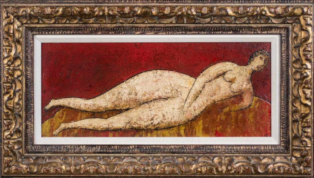 Felix Sherman (American/Russian, 20th Century): Lying Nude on Red Background. Oil on cardboard, 2001. Signed (LR) and again with the title and date on the verso. Art size 7.5 x 18 inches. Framed. Notice to bidders: Condition reports and additional 
