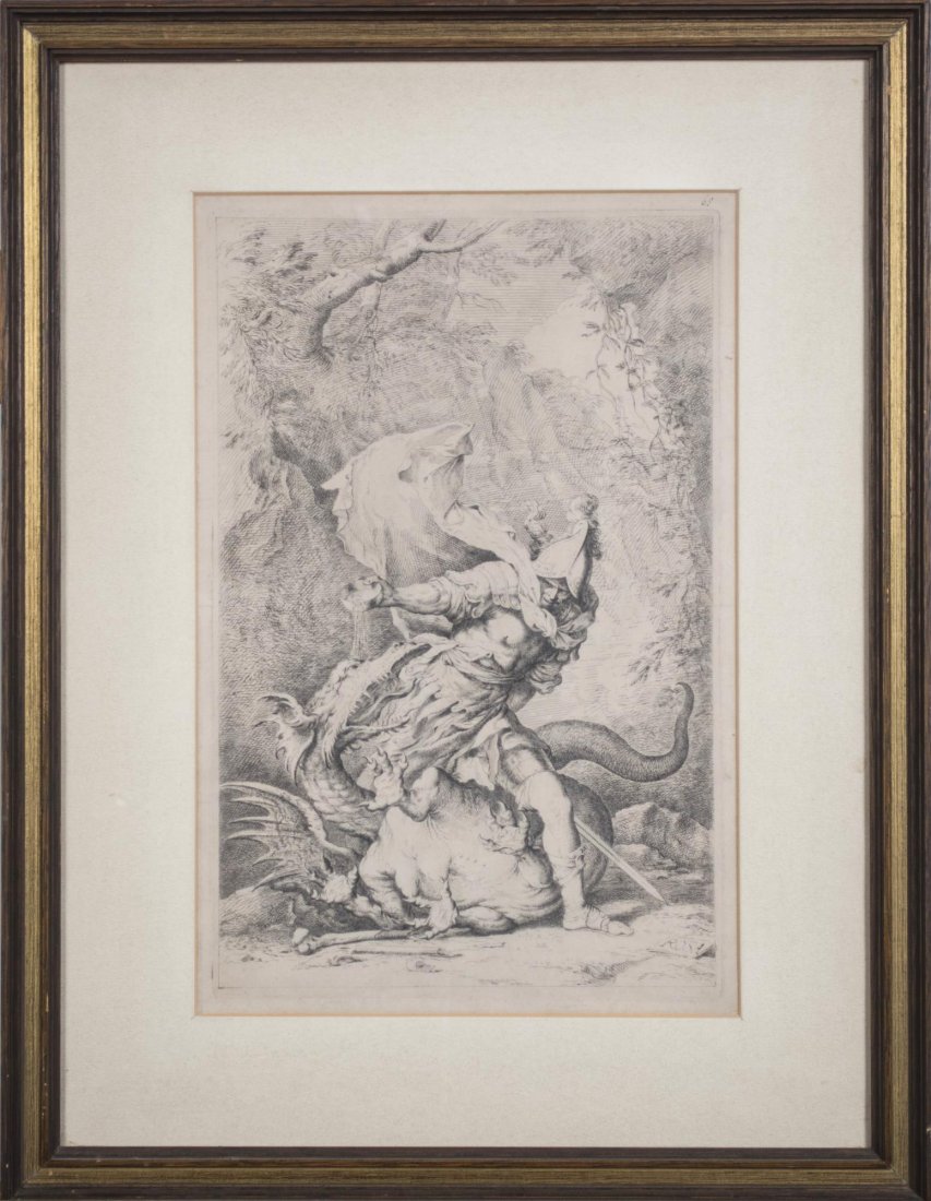 After Salvator Rosa (Italian, 1615-1673): Jason and the Dragon. Etching, contemporary printing with fine margin around the borderline. Image size 13.2 x 8.6 inches. Matted and framed. Notice to bidders: Condition reports and additional photog