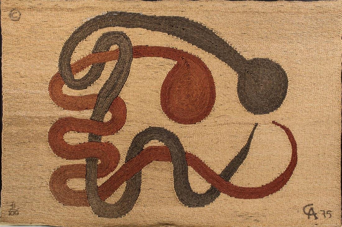 After Alexander Calder Tapestry: Untitled. Hand-woven maguey fiber, 1975. Woven signature, date and number on lower edge 'CA 75 31/100'. From the edition of 100 published by C.A.C. Publications and Bon Art, Guatemala. Size 57 x 83 in