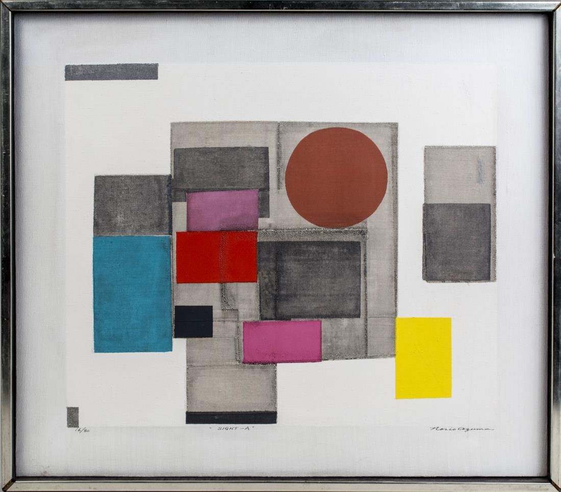 Norio Azuma (Japanese, 1928-2004): Sight-A. Serigraph on canvas. Signed (LR) and numbered 16/80 (LL). Canvas size 17 x 20 inches. Framed. Notice to bidders: Condition reports and additional photographs are provided by request as a cour