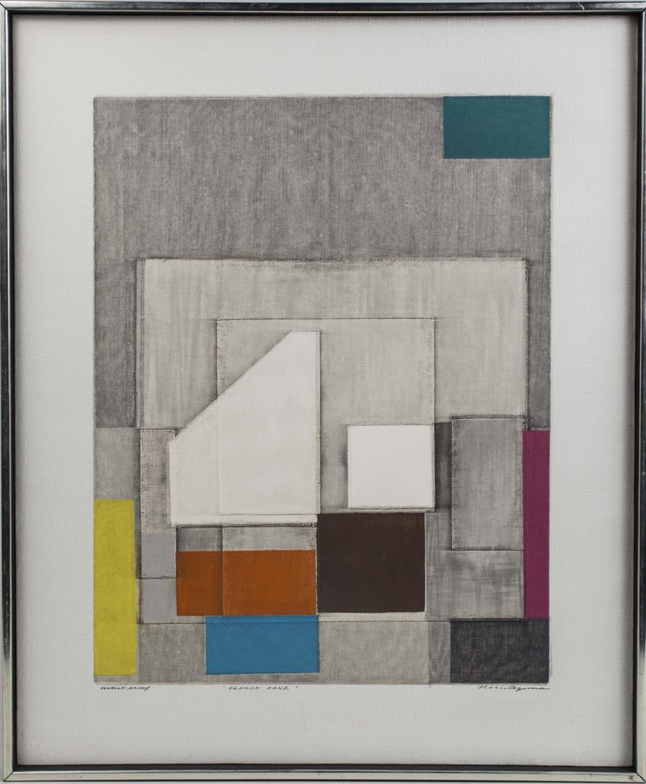 Norio Azuma (Japanese, 1928-2004): Flower Zone. Serigraph. Signed (LR) and inscribed A/P (LL). Canvas size 22 x 18 inches. Framed. Notice to bidders: Condition reports and additional photographs are provided by request as a courtesy to