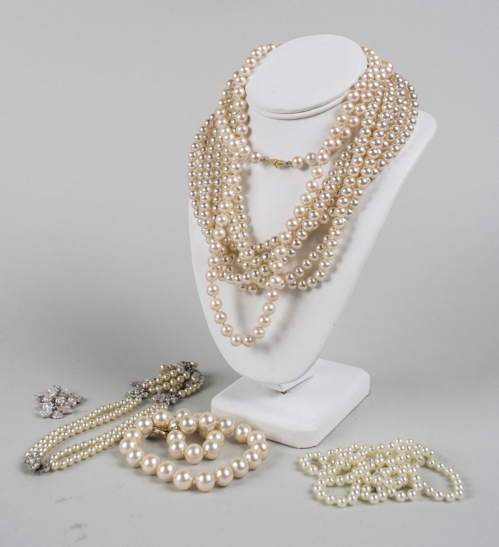 Group of Simulated Pearl Jewelry: Including a six strand choker, opera length single strand, Les Bernard choker, etc. Notice to bidders: Condition reports and additional photographs are provided by request as a courtesy to our clients