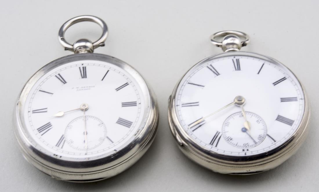 Two English Silver Key Wind Pocket Watches: Two open face pocket watches, one with dial signed J.W. Benson, with Roman numerals and subsidiary seconds dial, the other with unsigned dial with Roman numerals, both in English silver case. Diameter