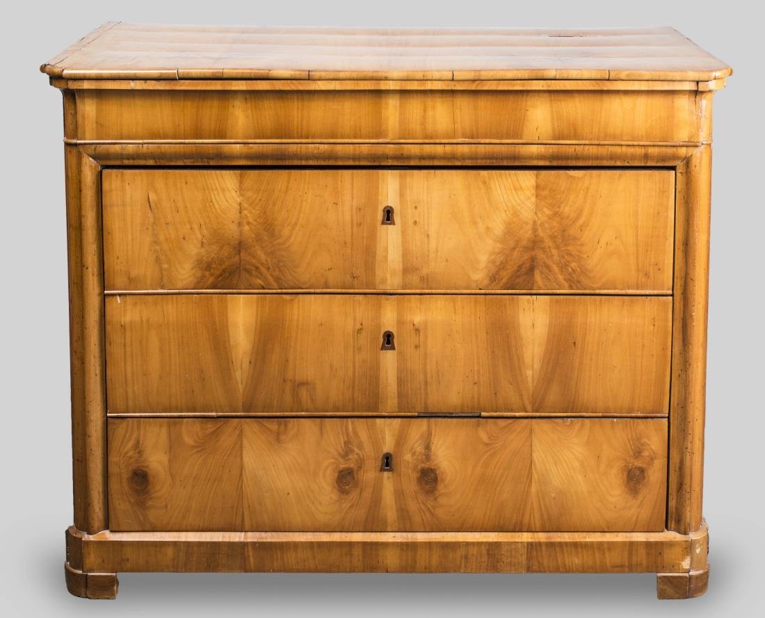 Biedermeier Chest: 19th century, rectangular top with rounded corners, over four drawers, conforming block feet. Height 35 inches, width 44 inches, depth 22 inches. Notice to bidders: Condition reports and additional ph