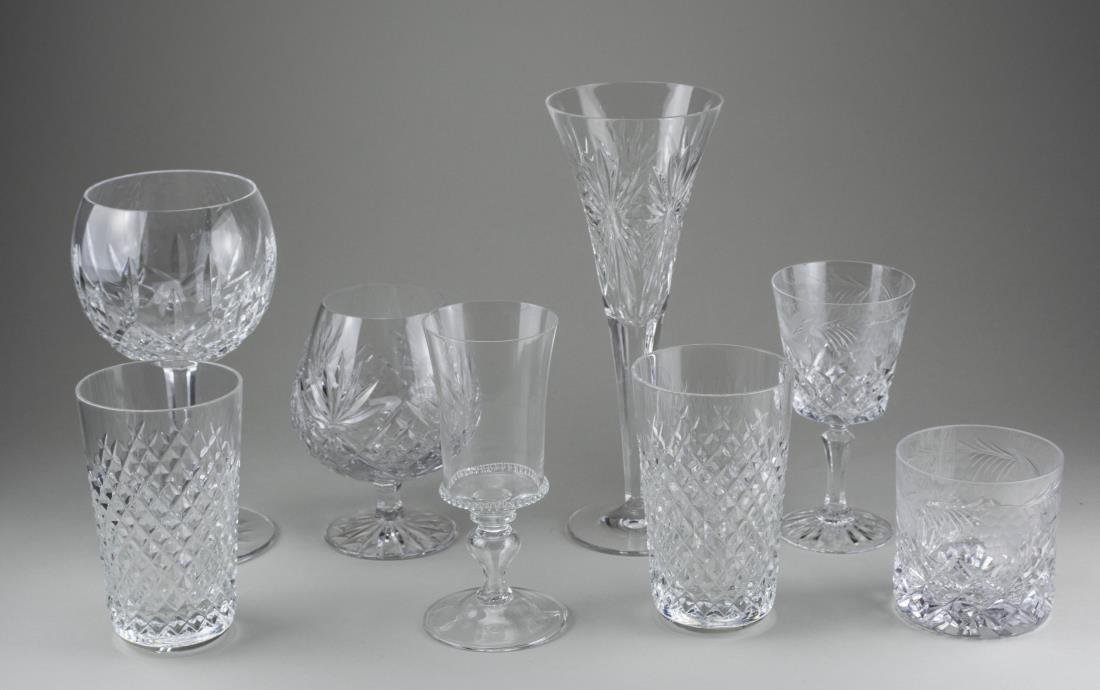 Group of Stemware and Barware: Approximately thirty two pieces, various makers and patterns, including snifters, wine glasses, tumblers, etc. Various makers and patterns. Tallest height 9 1/4 inches. Notice to bidders: Condition re