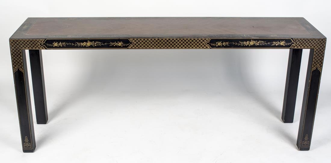 Asian Style Altar Table: Herringbone veneered top with decorated, crossbanded edge, on block legs. Height 25 inches, width 60 inches, depth 15 inches. Notice to bidders: Condition reports and additional photographs are provid