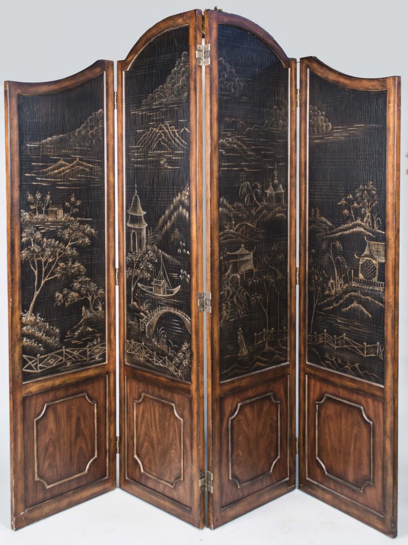 Four Panel Chinese Floor Screen: Decorated with a landscape scene. Tallest panel 6 feet 7 inches, panel width 20 inches. Notice to bidders: Condition reports and additional photographs are provided by request as a courtesy to our cli