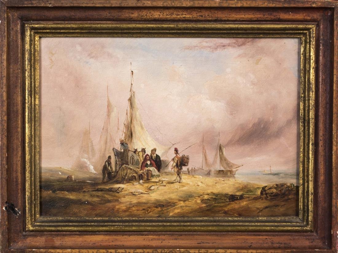 Continental School Painting: Trading with the Natives. Oil on canvas. Signed illegibly and inscribed 1630 (likely painted later). Canvas size 9.5 x 13 inches. Framed. Notice to bidders: Condition reports and additional photograph