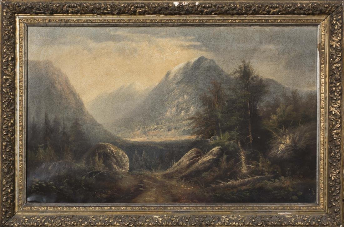 Hudson River School (19th Century): Landscape. Oil on canvas, 19th century. Unsigned. Canvas size 22 x 36 inches. Framed. Notice to bidders: Condition reports and additional photographs are provided by request as a courtesy to our clien