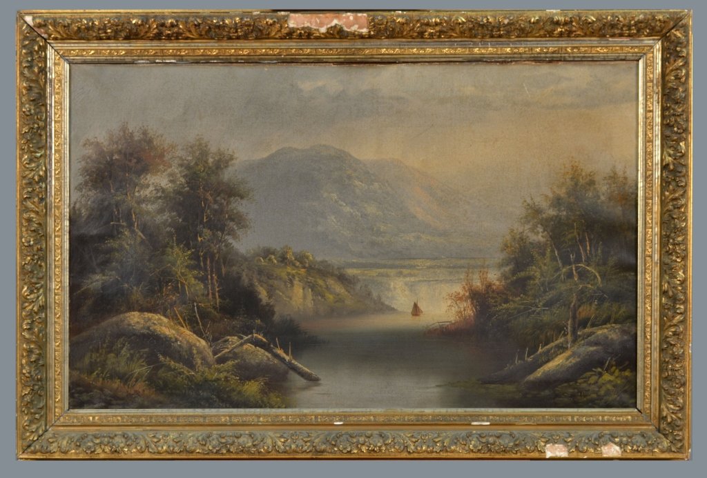 Hudson River School (19th Century): View of the Falls. Oil on canvas. Canvas size 22 x 36 inches. Framed. Notice to bidders: Condition reports and additional photographs are provided by request as a courtesy to our clients, as such any 