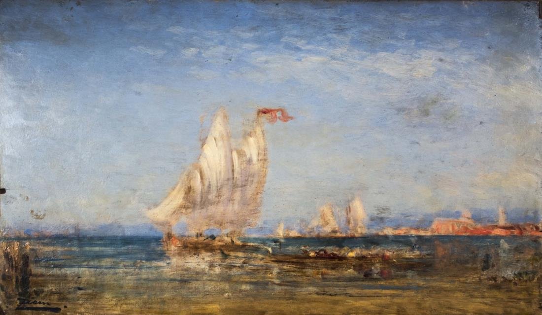 Felix Ziem (French, 1821-1911): Tartanes a Venise. Oil on panel, 19th century. Signed (LR). Andre Chenue Transportation Label on the verso. Size 15 25.5 inches. Unframed. Notice to bidders: Condition reports and additional photograp