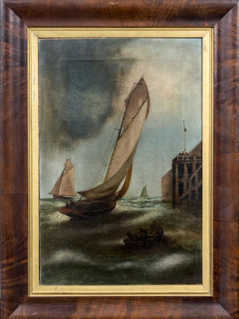 Nautical Painting, 19th Century: Setting Sail in Stormy Weather. Oil on canvas, 19th century. Canvas size 18 x 12 inches. Framed. Notice to bidders: Condition reports and additional photographs are provided by request as a courtesy t