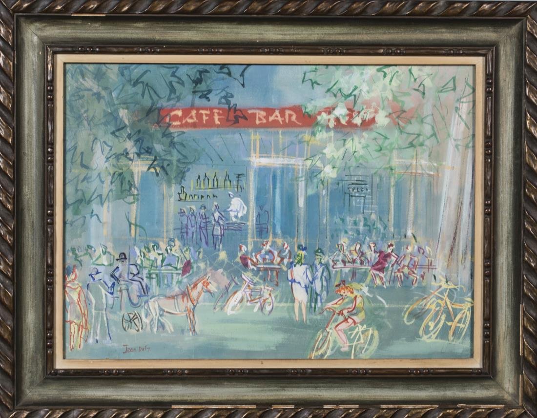 Attributed to Jean Dufy (French, 1888-1964): Cafe Bar. Watercolor on paper. Signed (LR). Sight size 17.5 x 24 inches. Framed. Notice to bidders: Condition reports and additional photographs are provided by request as a courtesy to our clients, a