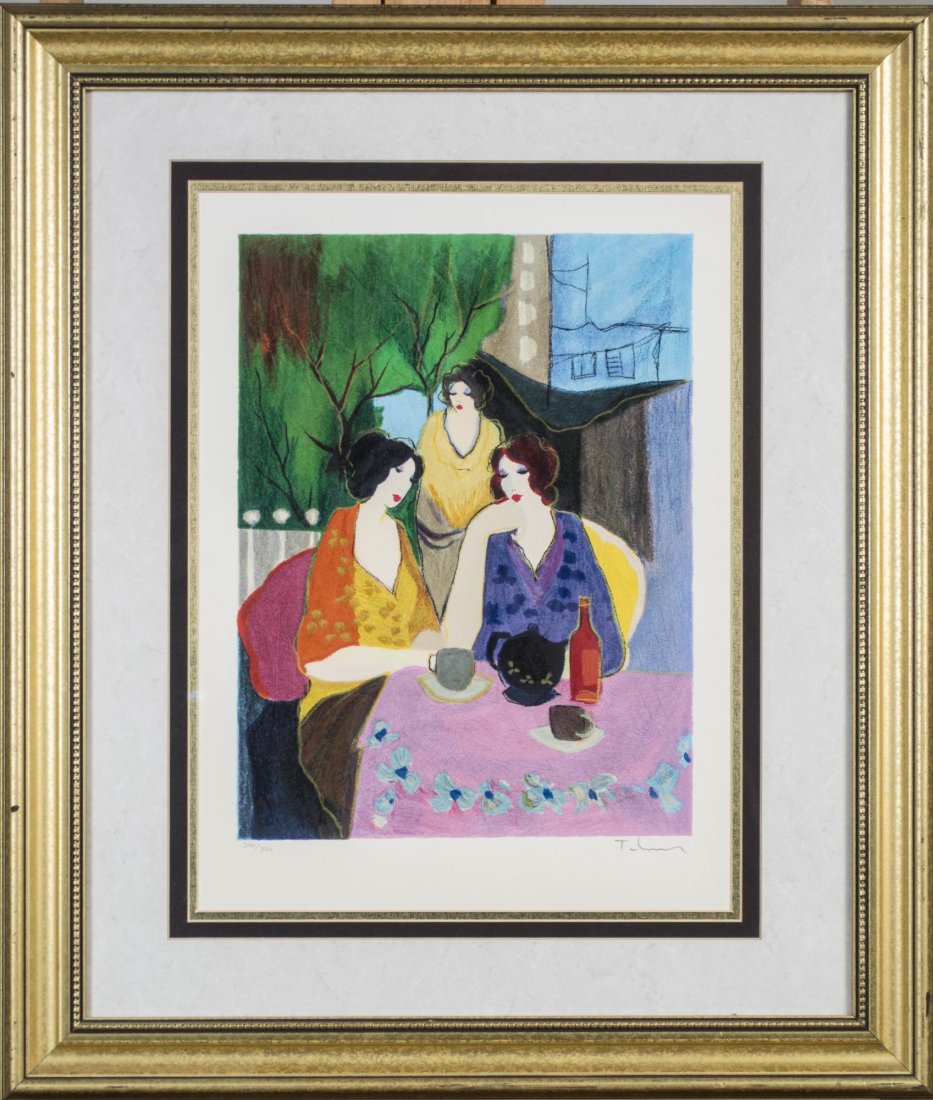Itzchak Isaac Tarkay (Israeli, 1935 - 2012): Three Woman in a Cafe. Lithograph. Signed (LR) and numbered 240/350 (LL) with blindstamp. Sight size 18 x 13 inches. Matted and framed. Notice to bidders: Condition reports and additional photographs 