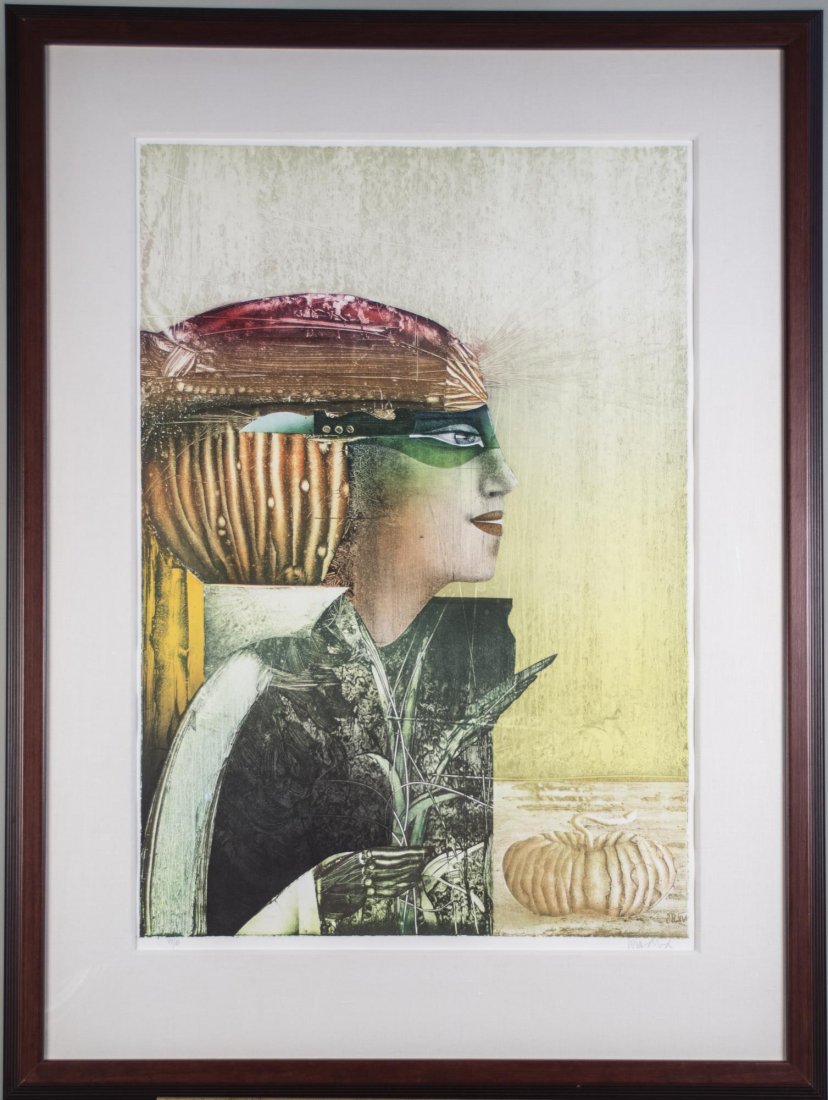 Paul Wunderlich (German, b. 1927): Feather Woman. Lithograph. Signed (LR) and numbered 47/80 (LL). Sight size 38 x 26 inches. Matted and framed. Notice to bidders: Condition reports and additional photographs are provided by request as