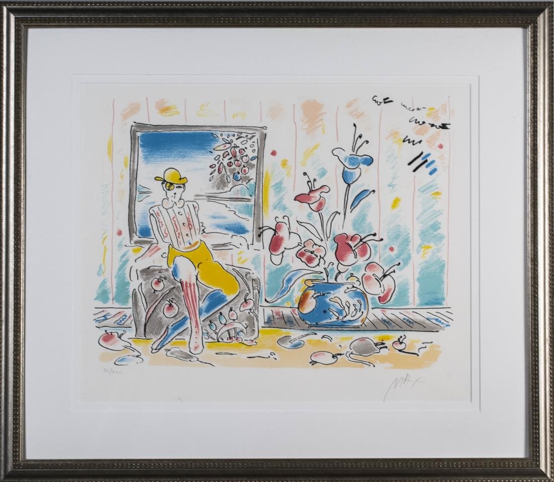 Peter Max (American, b. 1937): Zero and Flowers. Lithograph, 1978. Signed 'Max' (LR), and numbered 36/300 (LL). Sight size 18.5 x 22.5 inches. Matted and framed. Notice to bidders: Condition reports and additional photographs are p