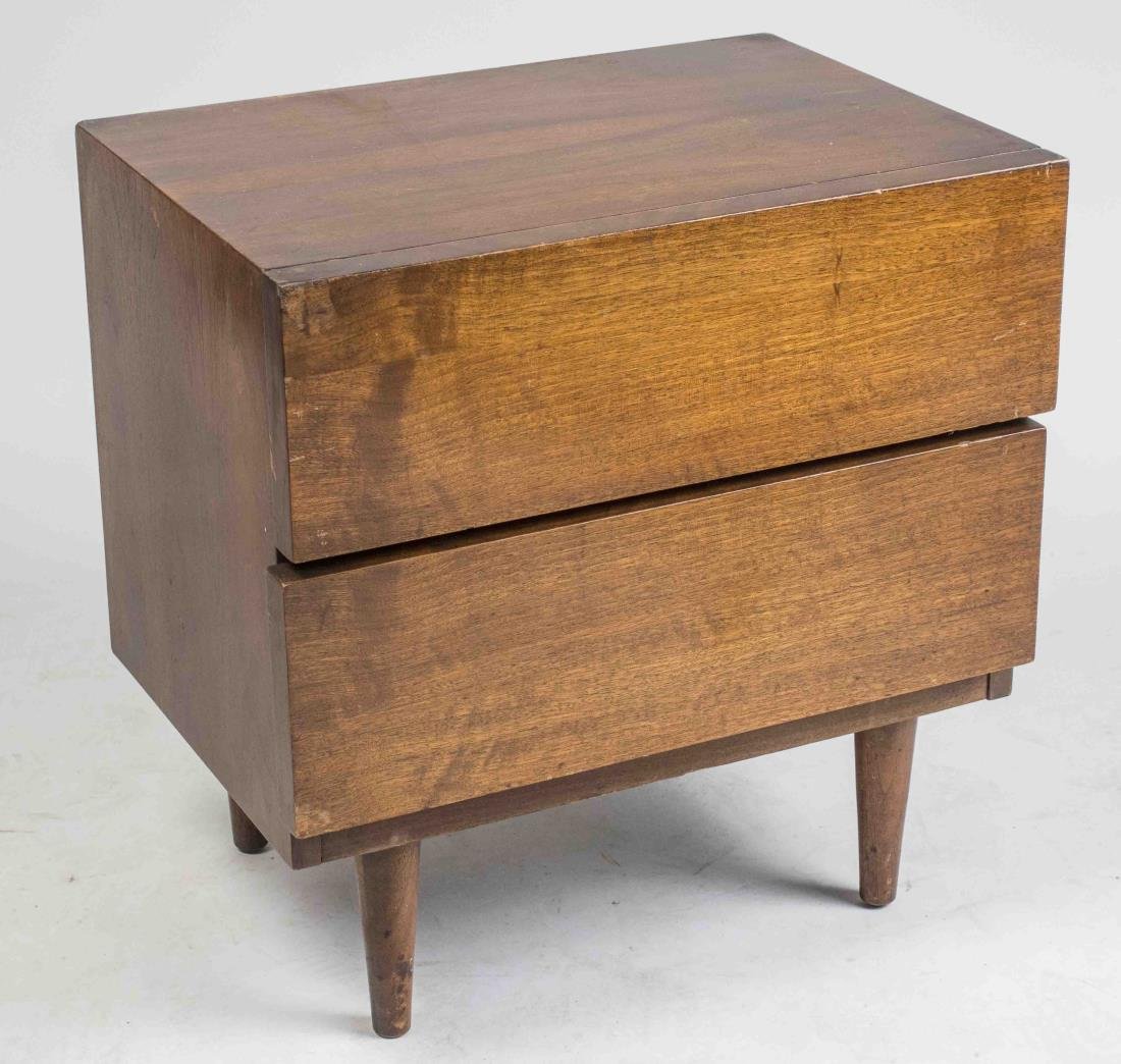 Mid Century Nightstand: Rectangular top over two drawers, turned legs. Height 23 inches, width 22 inches, depth 16 inches. Notice to bidders: Condition reports and additional photographs are provided by request as a courtesy