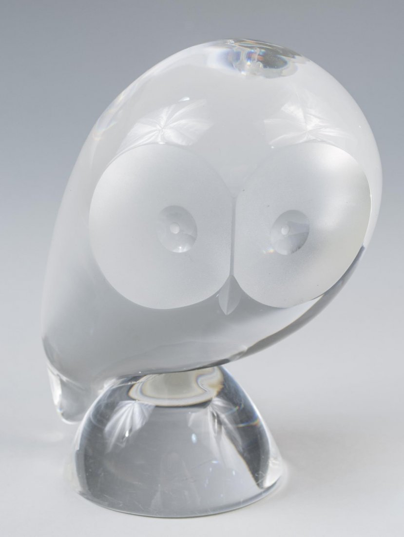 Steuben Glass Owl: Designed by Donald Pollard, 1955. Height 5 inches. Notice to bidders: Condition reports and additional photographs are provided by request as a courtesy to our clients, as such any condition report is