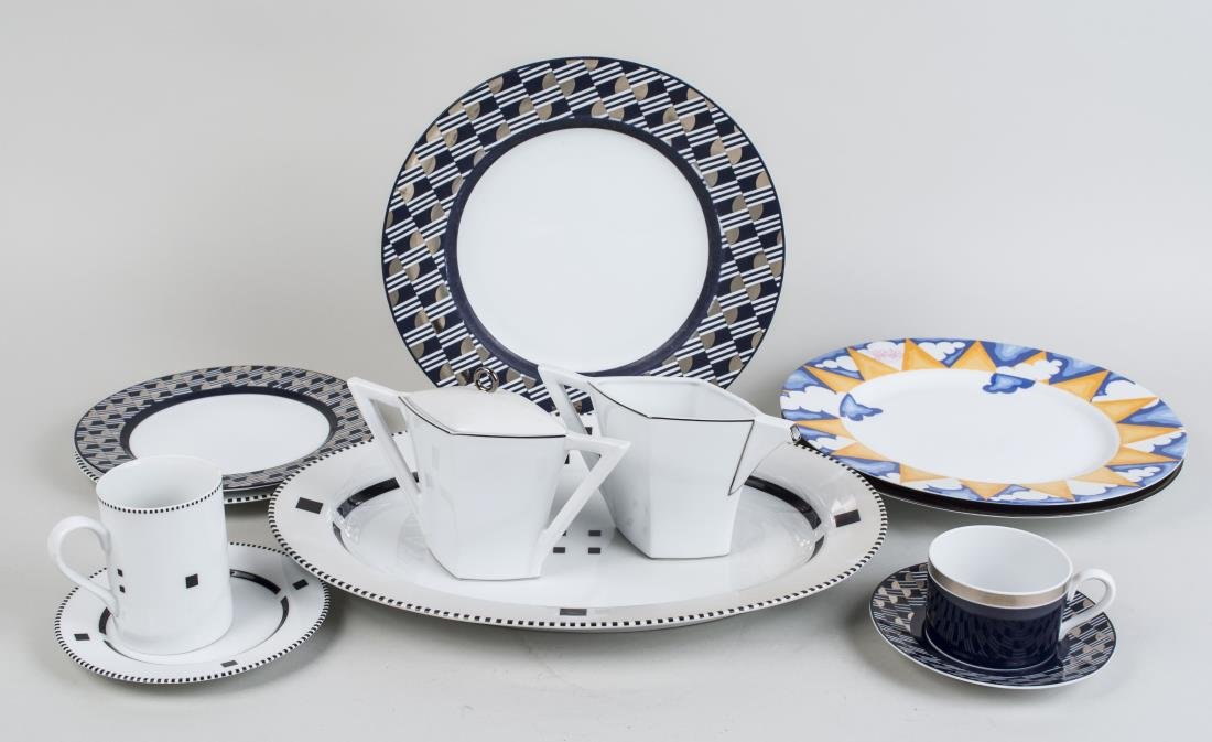Swid Powell Porcelain Assembled Dinner Service: Approximately 48 pieces, assembled from the Moderne, Tuxedo, Sunshine, Stream, Planar, and Stars patterns, comprising twelve dinner plates, nine salad plates, six bread plates, seven cups, eight sauce