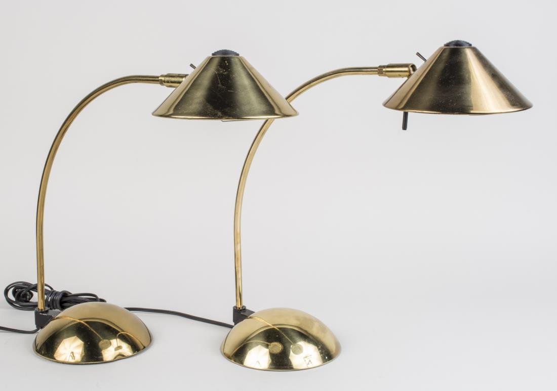 Pair of Robert Sonneman Brass Table Lamps: For George Kovacs, each with a conical shade on a arced support with dome shaped base, labeled underneath. Height 15 1/2 inches. Notice to bidders: Condition reports and additional photographs are pro