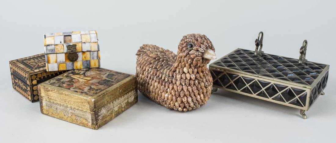 Group of Decorative Boxes: Various styles including wood and metal examples. Tallest height 7 inches. Notice to bidders: Condition reports and additional photographs are provided by request as a courtesy to our clients, as such