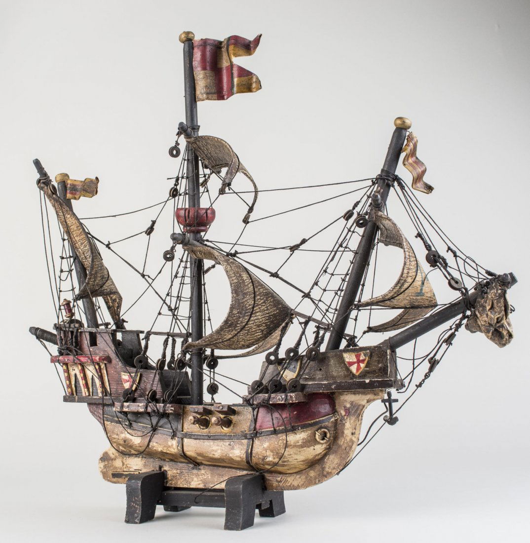 Model of Stanta Maria Ship: Three masted ship model of a historic vessel. Height 8 1/2 inches, Notice to bidders: Condition reports and additional photographs are provided by request as a courtesy to our clients, as such any con