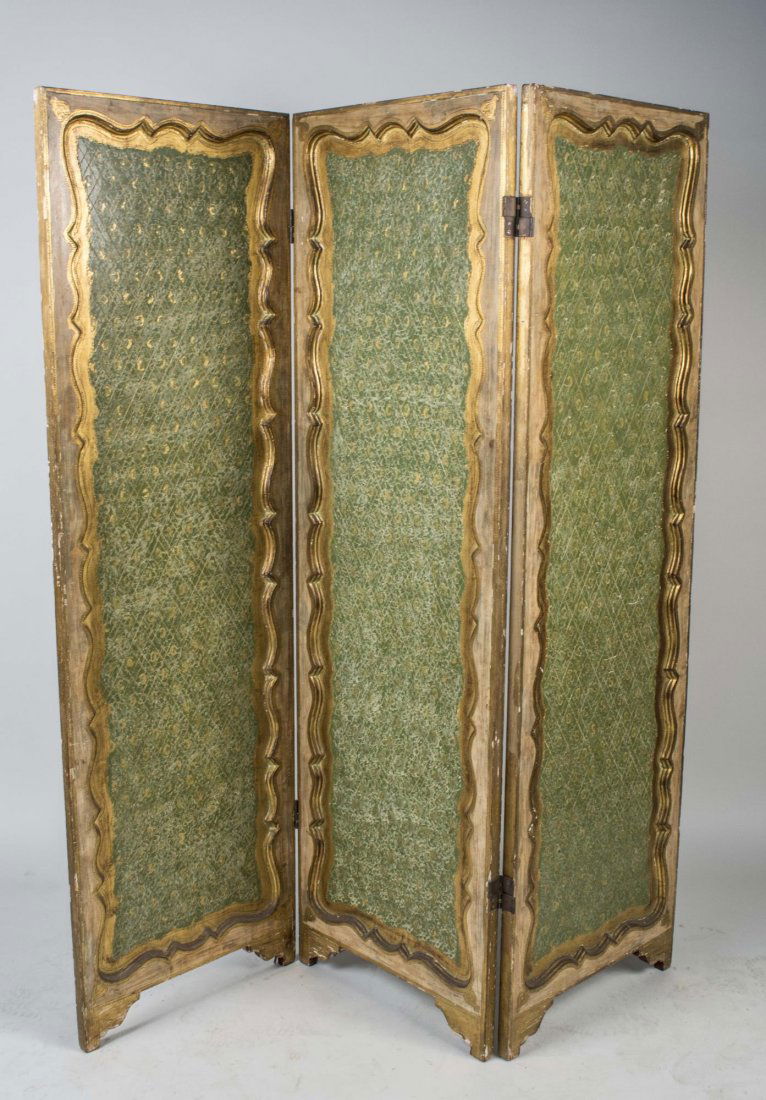 Three Panel Floor Screen: Green panels with gilt borders. Height 66 inches, panel width 20 inches. Notice to bidders: Condition reports and additional photographs are provided by request as a courtesy to our clients, as such a