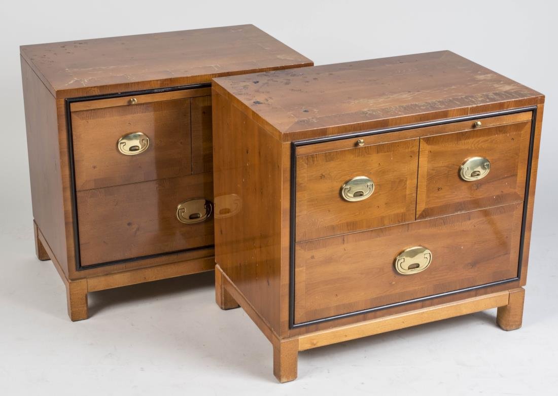 Pair of Hickory & White Nightstands: Each with rectangular top over a pull out writing surface and two drawers, on block legs. Height Notice to bidders: Condition reports and additional photographs are provided by request as a courtesy t