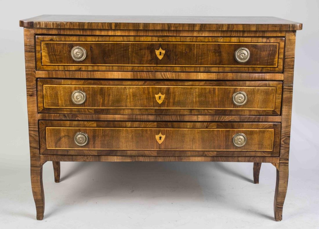 Italian Marquetry Commode: 18th century, rectangular top over three crossbanded drawers, slightly curved legs. Height 38 inches, width 50 inches, depth 23 inches. Notice to bidders: Condition reports and additional photographs 