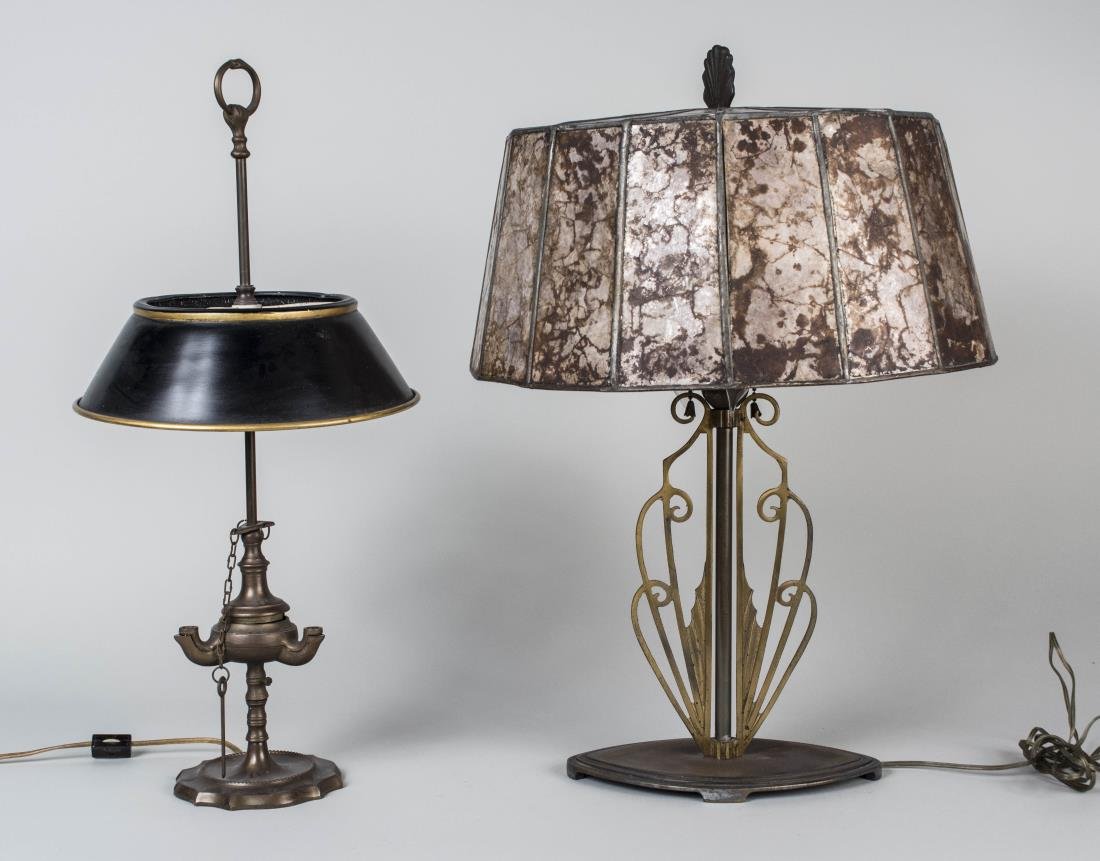 Two Table Lamps: One a bouillotte style oil lamp, the other an art deco style lamp with mirrored shade. Art Deco style height 22 inches. Notice to bidders: Condition reports and additional photographs are provided by 