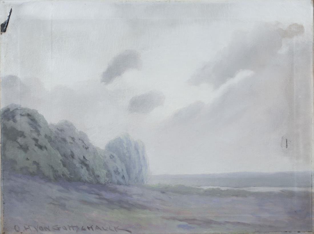 Oscar Hunt Von Gottschalck (American, b. 1865): Impressionist Misty Landscape. Oil on canvas, 19th century. Signed (LL). Canvas size 21 x 28 inches. Notice to bidders: Condition reports and additional photographs are provided by request as a courte
