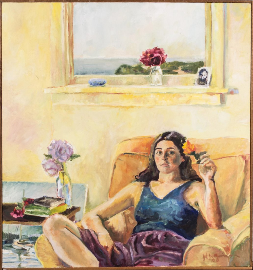American School (20th Century): Woman reclining in a chair. Oil on canvas,1970. Signed illegibly and dated (LR). Canvas size 33.5 x 32 inches. Framed. Provenance: The Estate of Alvin H. Einbender Notice to bidders: Condition reports