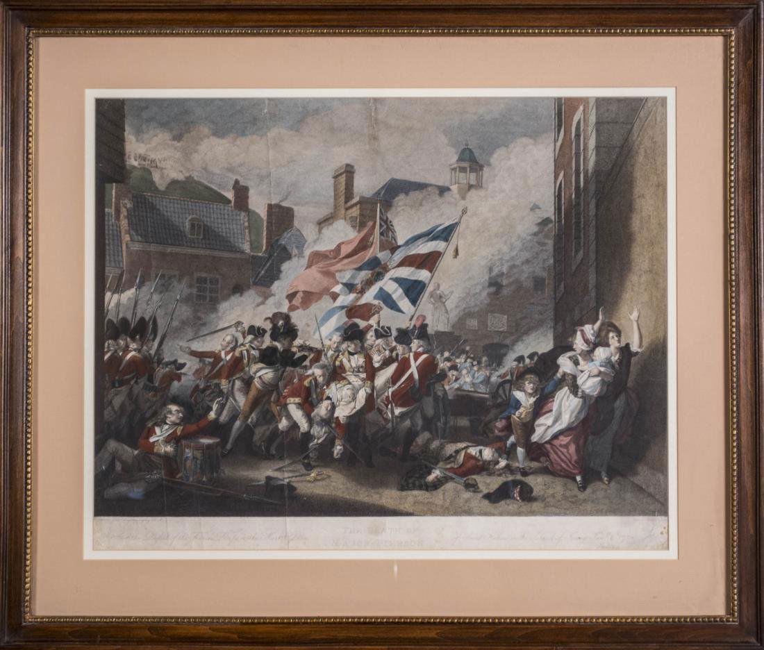 After John Singleton Copley (1738-1815): The Death of Major Pierson, showing the defeat of the French troops in Jersey, 1781, hand-coloured engraving by Aloys Kessler, published by J.F.Frauenholz, 18th/19th century. Sight size 18 x 22.5 inch
