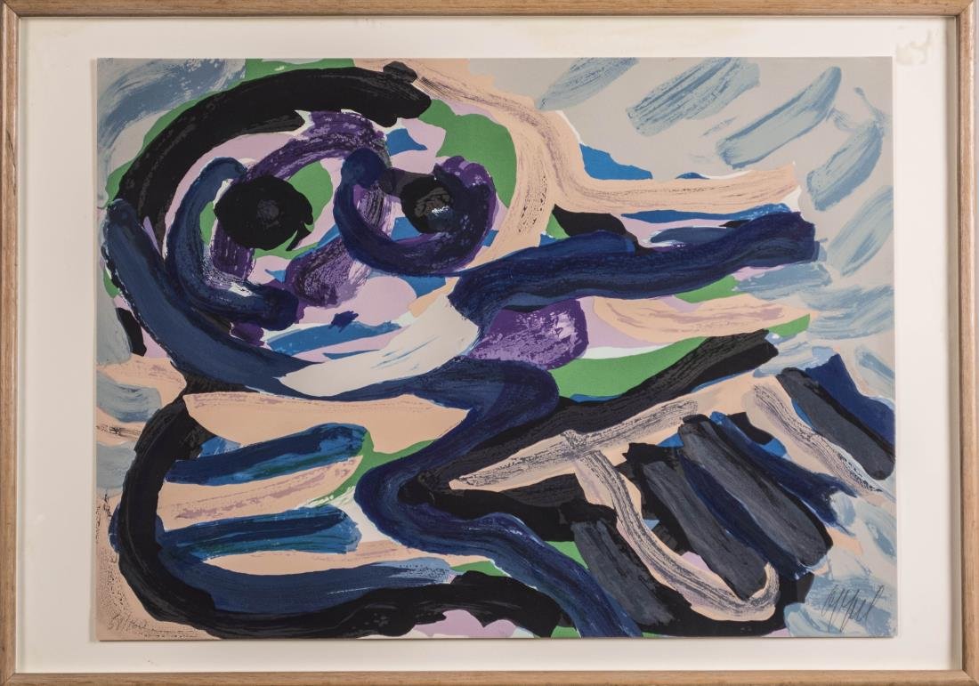 Karel Appel (Dutch, 1921-2006): Sitting in a Landscape. Lithograph, 1980. Signed (LR) and numbered 58/160 (LL). Sheet size 21.5 x 29.5 inches. Framed. Notice to bidders: Condition reports and additional photographs are provided by r