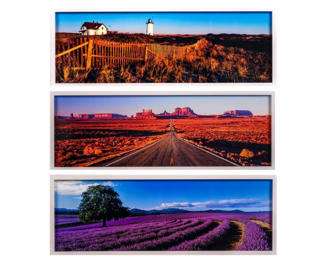 Three Photographs by Peter Lik: Peter Lik (American/Australian, b. 1959). Photographs include: Cape Cod; Highway 163 and Lavender Sea. Cibachrome color prints mounted on plexiglass. Each from an edition of 950. Certificates of authe