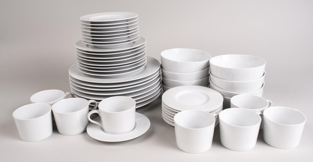 Portuguese Porcelain Dinner Service: Lisboa White pattern, comprising eight dinner plates, eight salad plates, eight bread plates, eight cups and saucers. Dinner plate, diameter 10 1/2 inches. Notice to bidders: Condition reports and add
